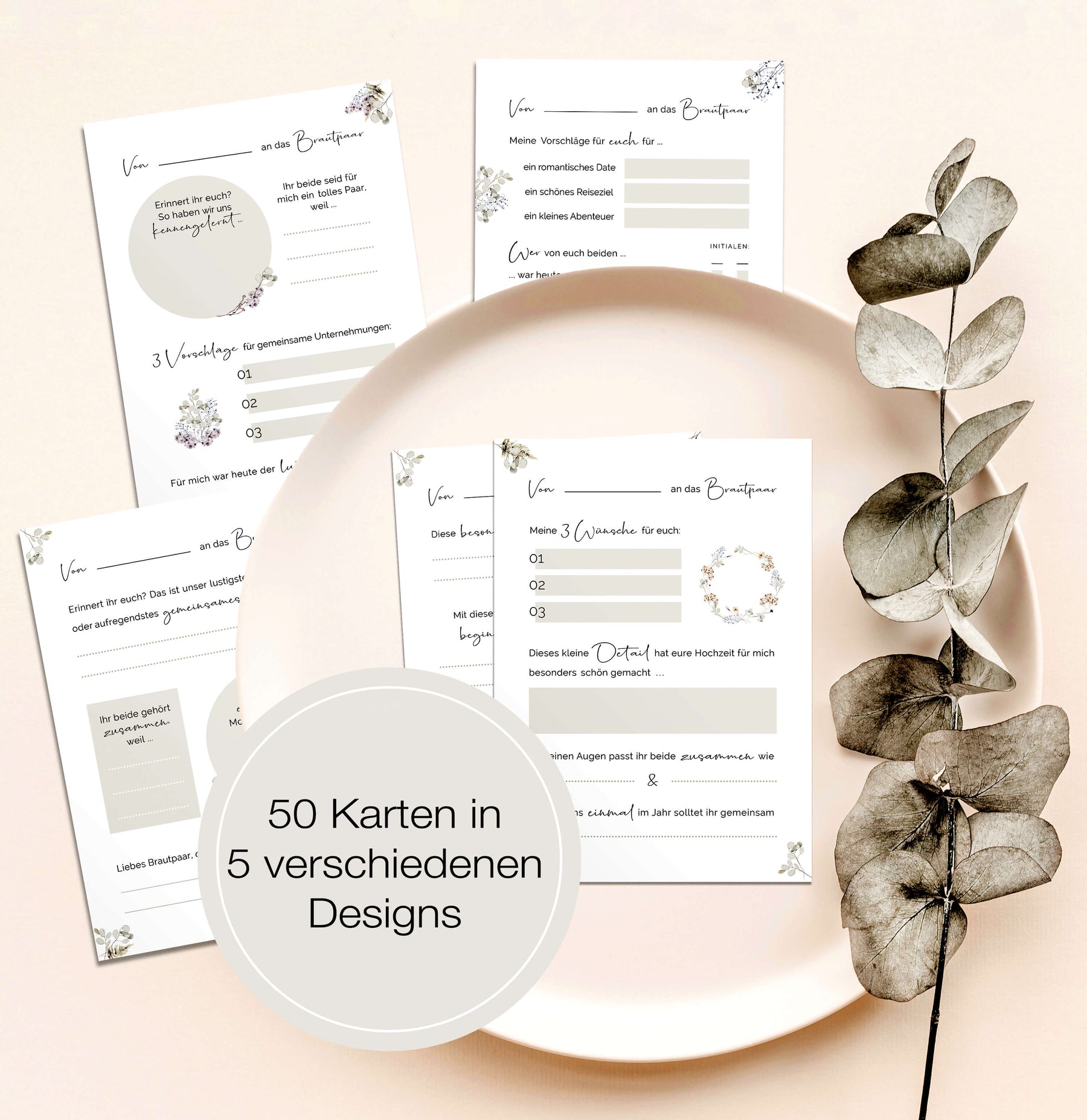 50 Gästebuch Karten für die Hochzeit mit Box | 5 verschiedene Designs | für alle Paare | Greenery & Eukalyptus Look