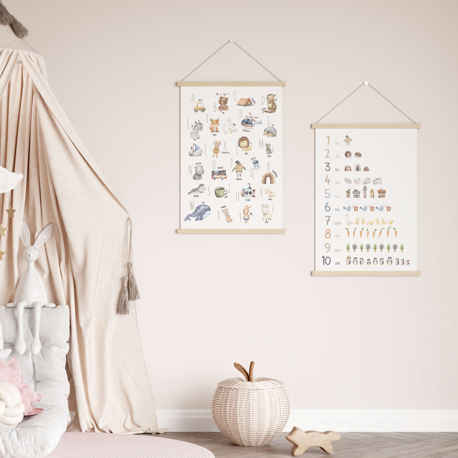 Set Alphabet- und Zahlen-Poster im Boho Stil | ABC und Nummern-Bild fürs Kinderzimmer | Lernposter in DIN A4 und B2 | toll als Geschenk