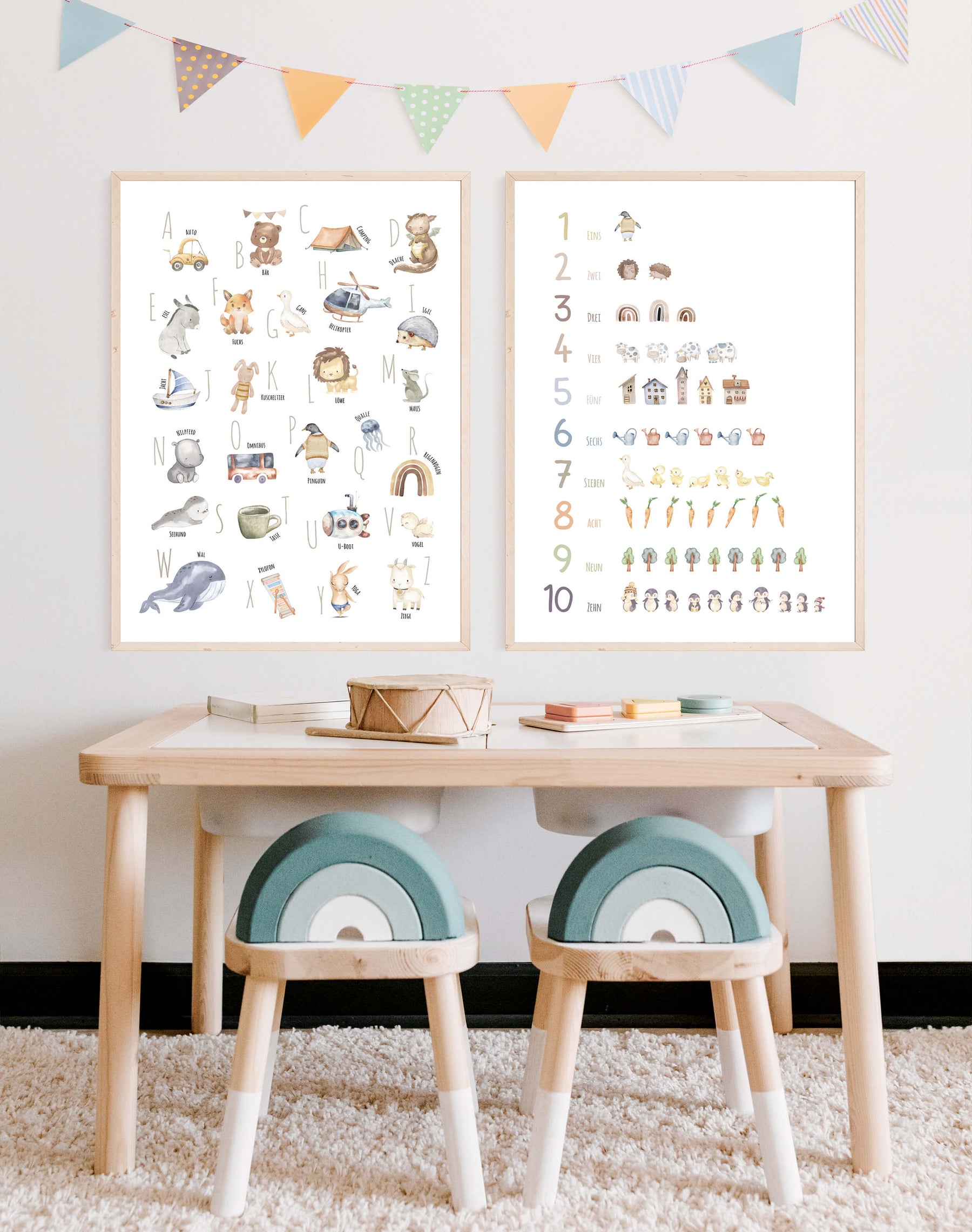 Set Alphabet- und Zahlen-Poster im Boho Stil | ABC und Nummern-Bild fürs Kinderzimmer | Lernposter in DIN A4 und B2 | toll als Geschenk