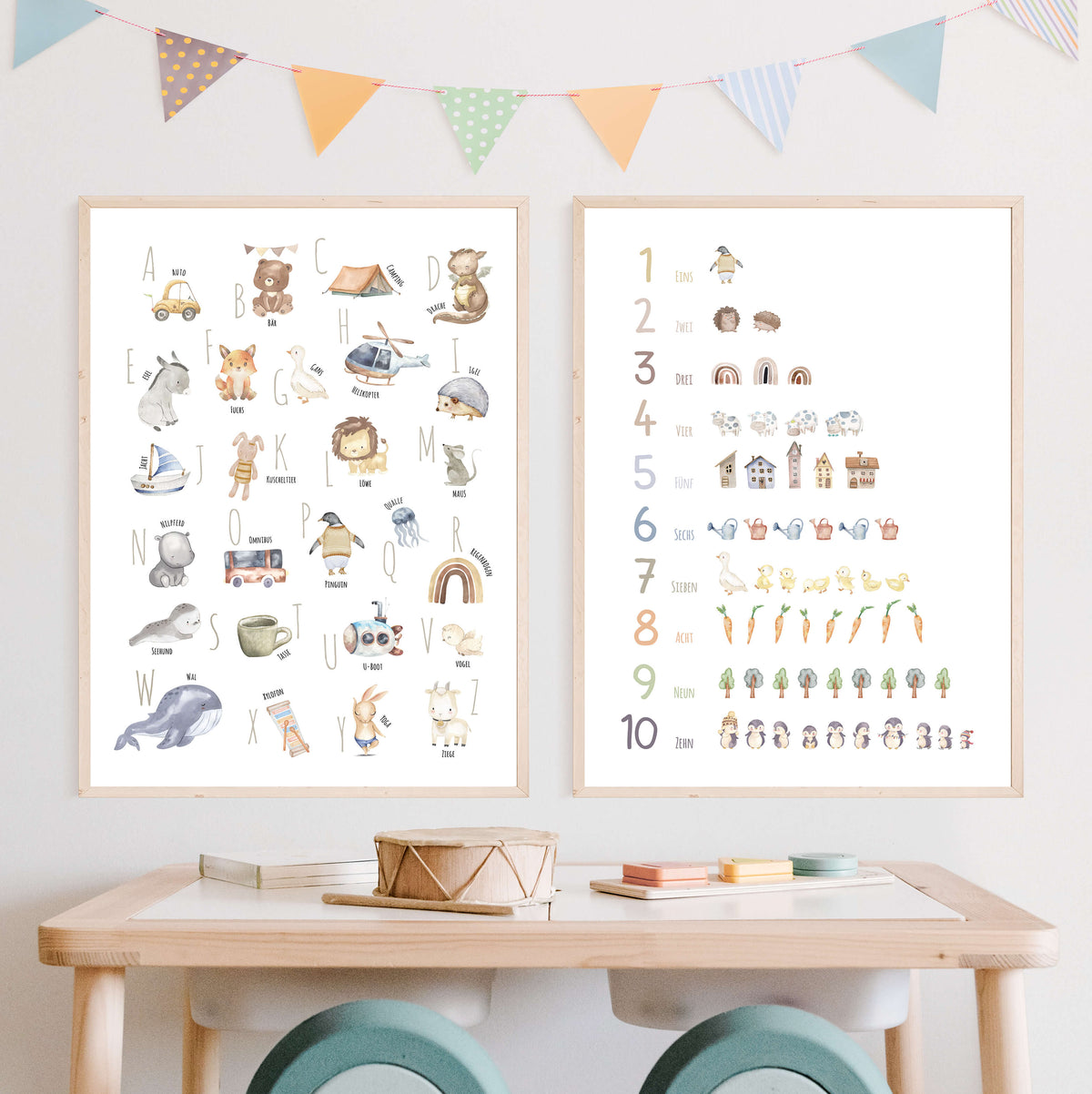 Set Alphabet- und Zahlen-Poster im Boho Stil | ABC und Nummern-Bild fürs Kinderzimmer | Lernposter in DIN A4 und B2 | toll als Geschenk