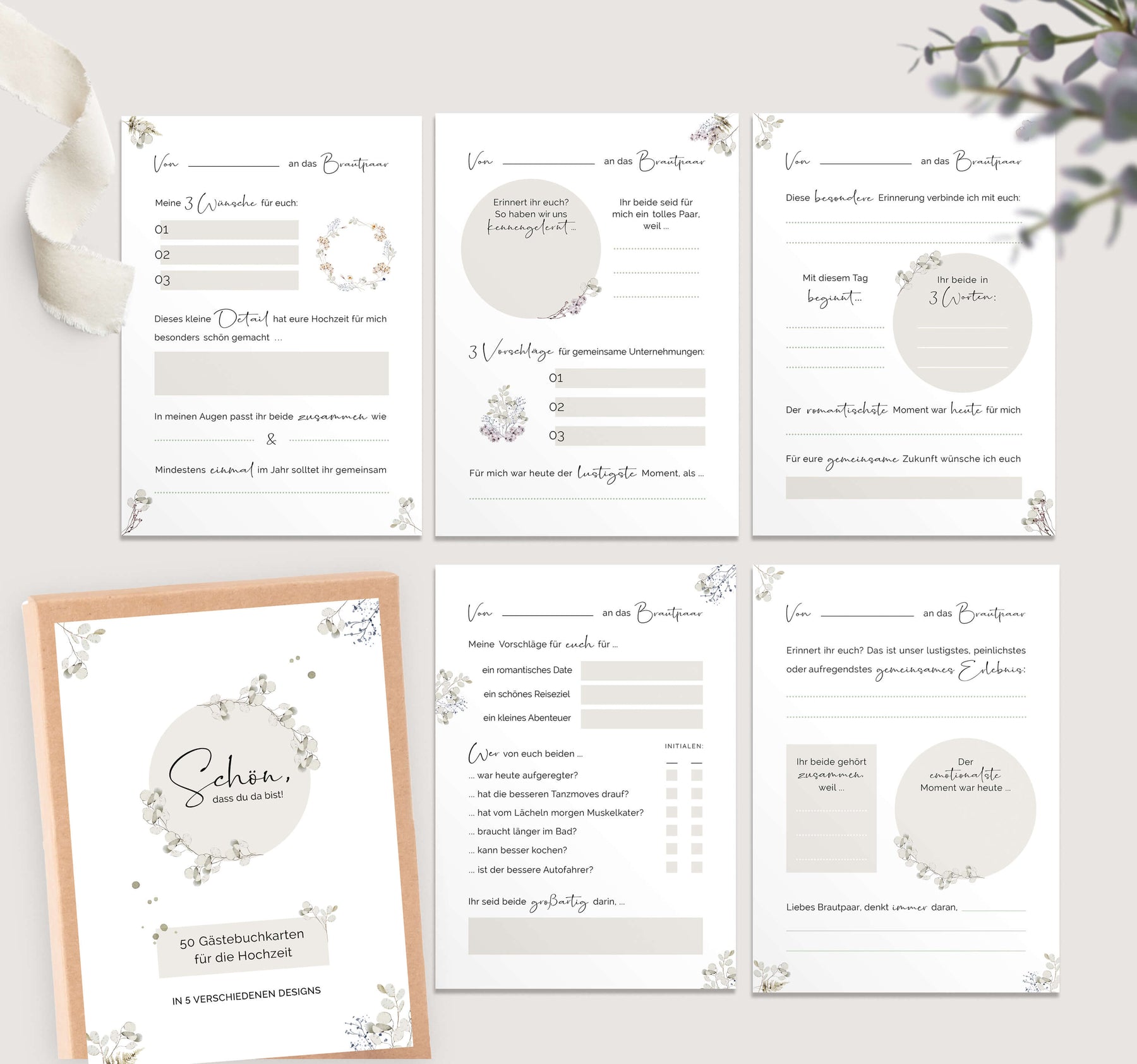 50 Gästebuch Karten für die Hochzeit mit Box | 5 verschiedene Designs | für alle Paare | Greenery & Eukalyptus Look