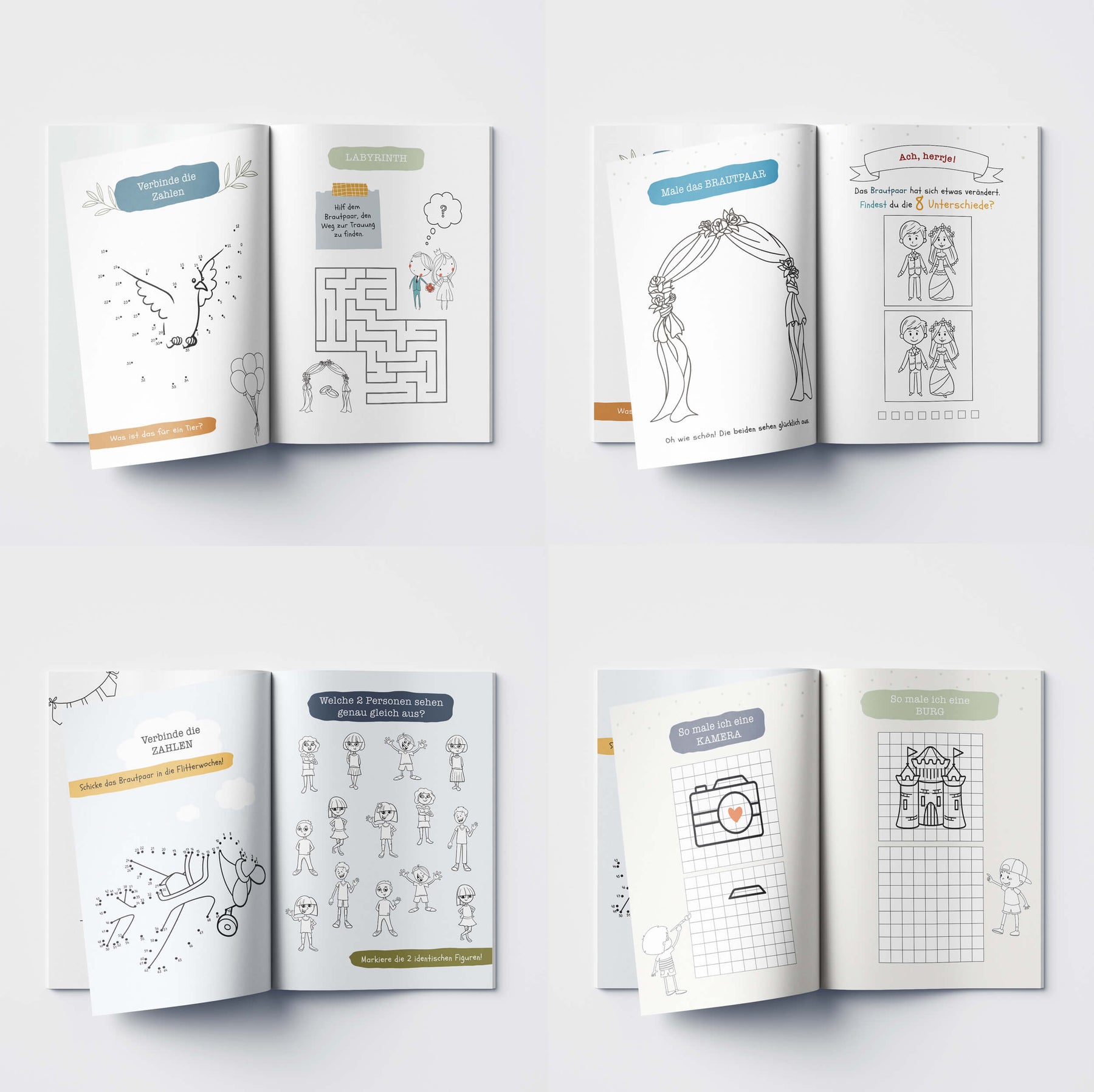 Mal- und Rätselheft zur Hochzeit für Kinder mit selbst personalisierbarem Cover | optional mit 6 Buntstiften | Gastgeschenk | Boho | DIN A5