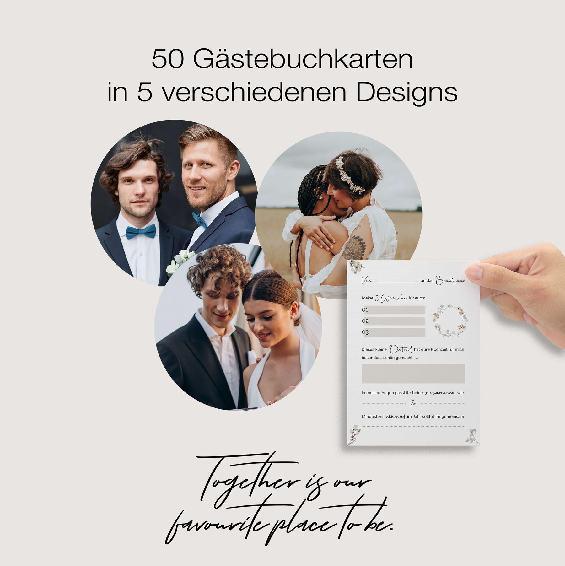 50 Gästebuch Karten für die Hochzeit mit Box | 5 verschiedene Designs | für alle Paare | Greenery & Eukalyptus Look
