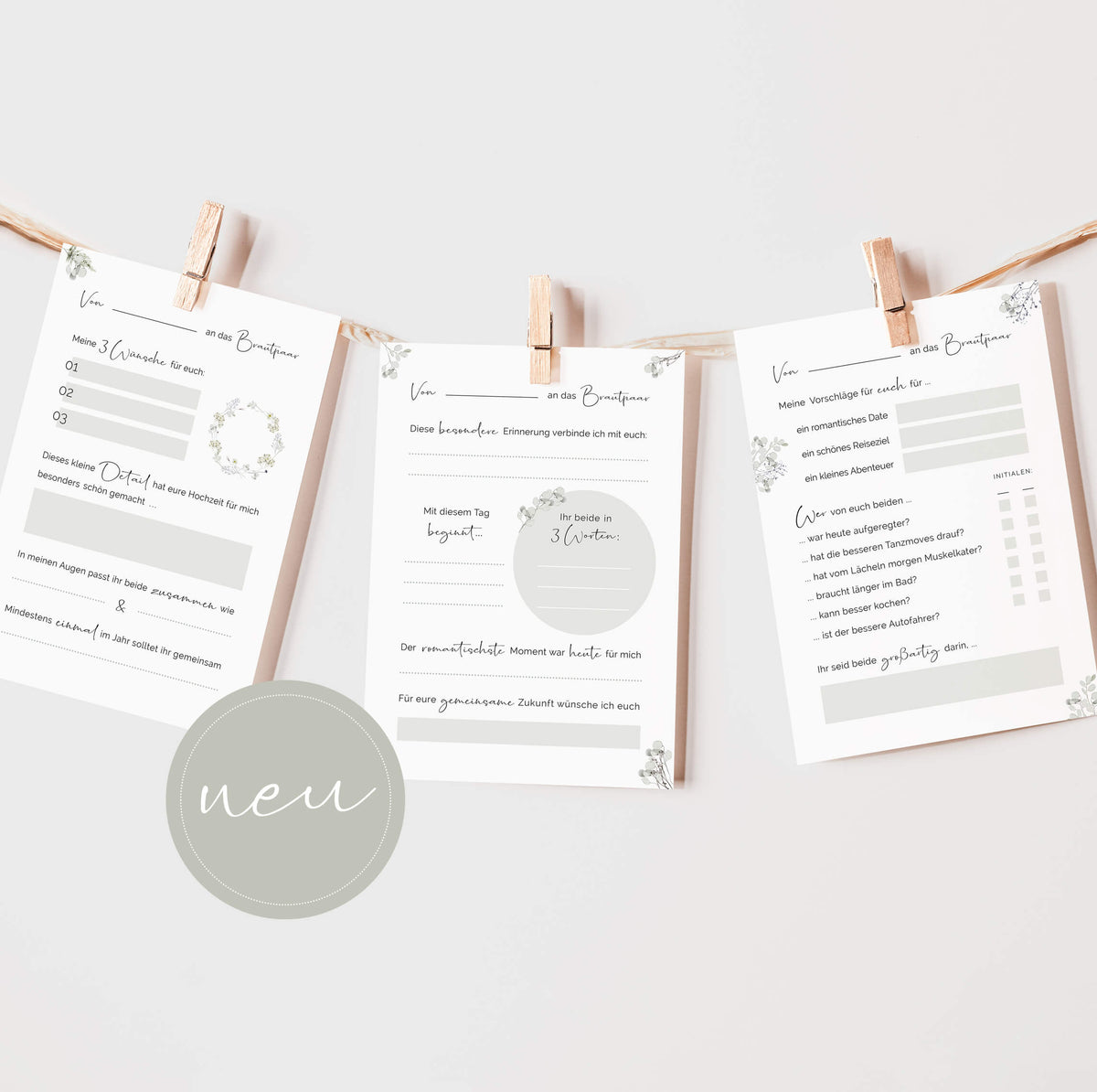 50 Gästebuch Karten für die Hochzeit mit Box | 5 verschiedene Designs | für alle Paare | Greenery & Eukalyptus Look