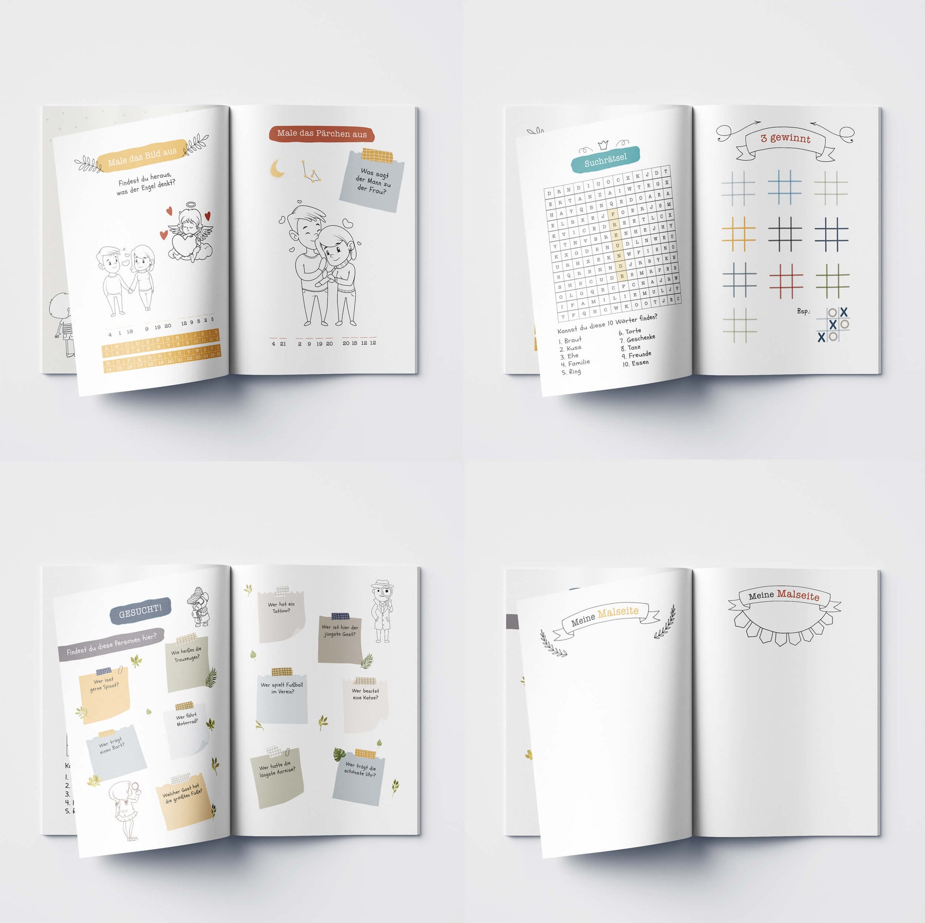 Mal- und Rätselheft zur Hochzeit für Kinder mit selbst personalisierbarem Cover | optional mit 6 Buntstiften | Gastgeschenk | Boho | DIN A5