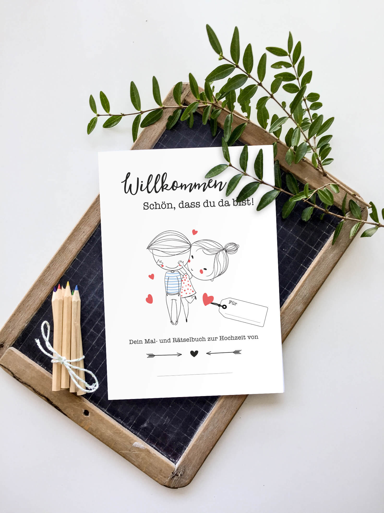 Mal- und Rätselheft zur Hochzeit für Kinder mit selbst personalisierbarem Cover | optional mit 6 Buntstiften | Gastgeschenk | Boho | DIN A5