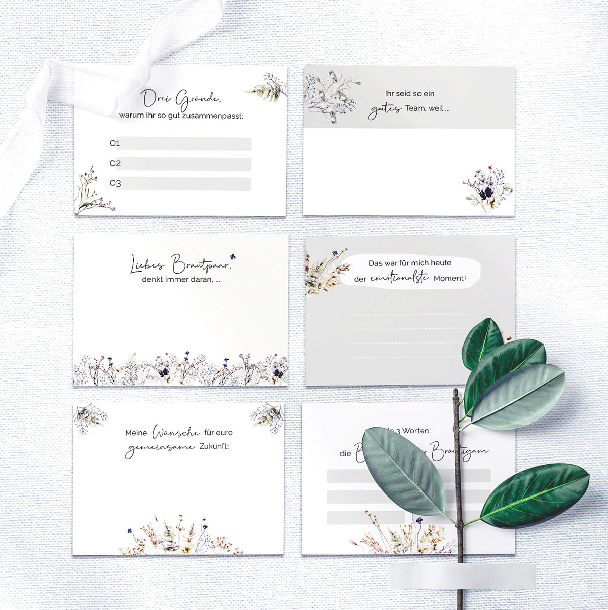 20 Gästebuch-Karten für die Hochzeit in DIN A7 | kreative Fragekarten | Boho Hochzeit Greenery