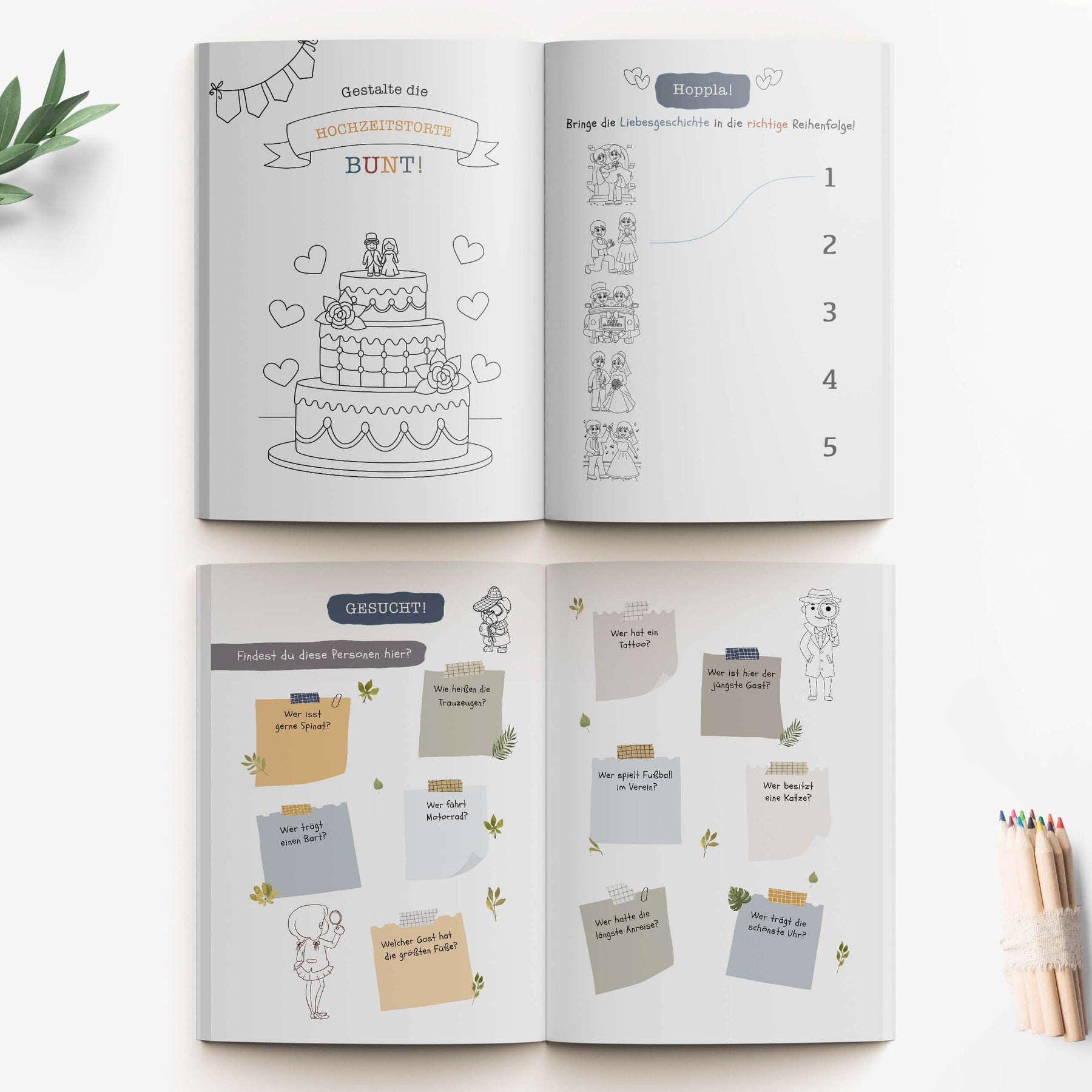 Mal- und Rätselheft zur Hochzeit für Kinder mit selbst personalisierbarem Cover | optional mit 6 Buntstiften | Gastgeschenk | Boho | DIN A5