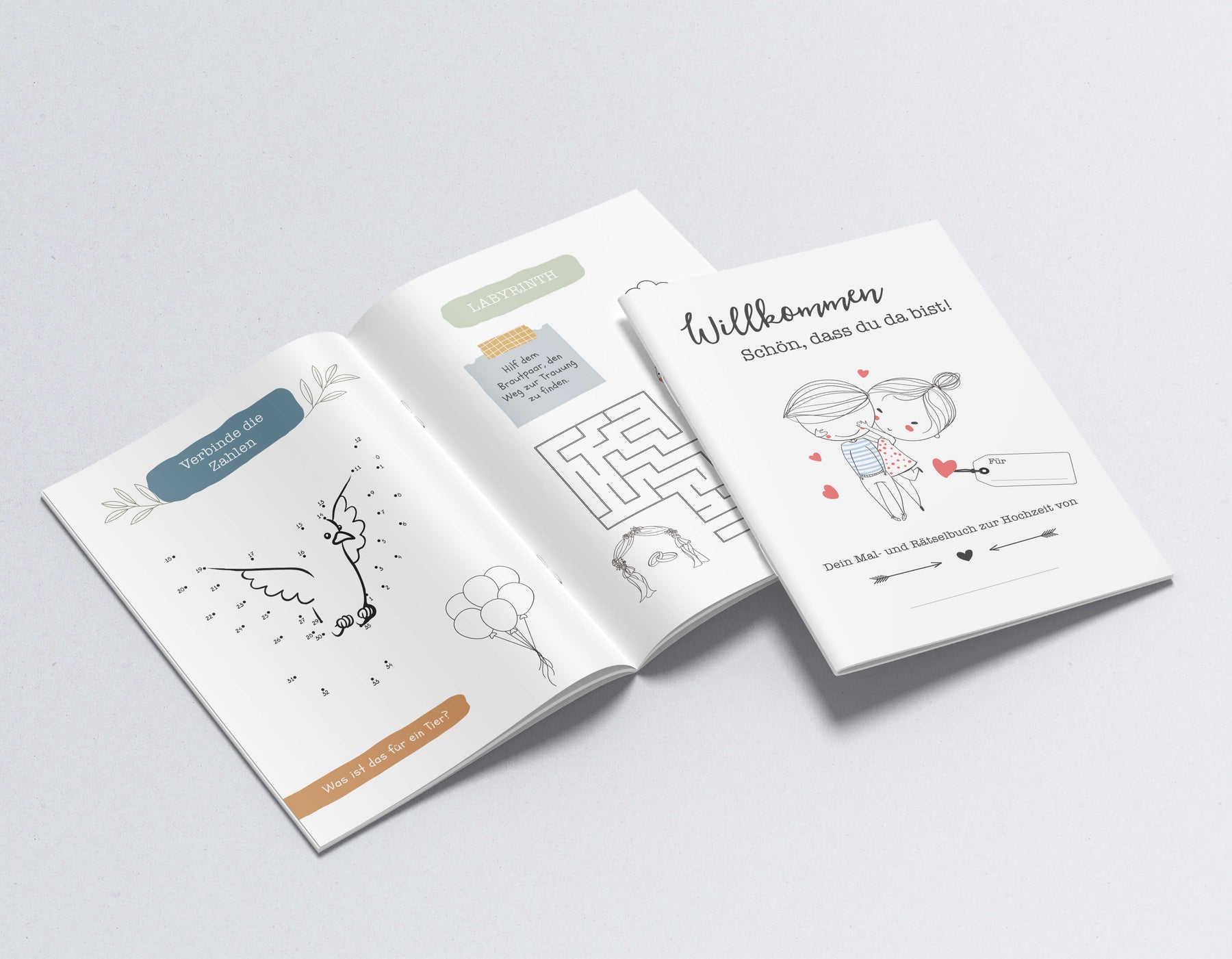 Mal- und Rätselheft zur Hochzeit für Kinder mit selbst personalisierbarem Cover | optional mit 6 Buntstiften | Gastgeschenk | Boho | DIN A5