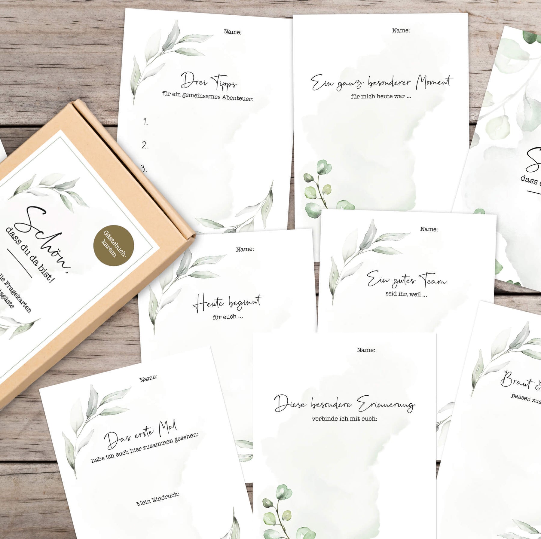 40 Gästebuch Karten für die Hochzeit mit Box | DIN A6 Postkartengröße | Greenery und Eukalyptus