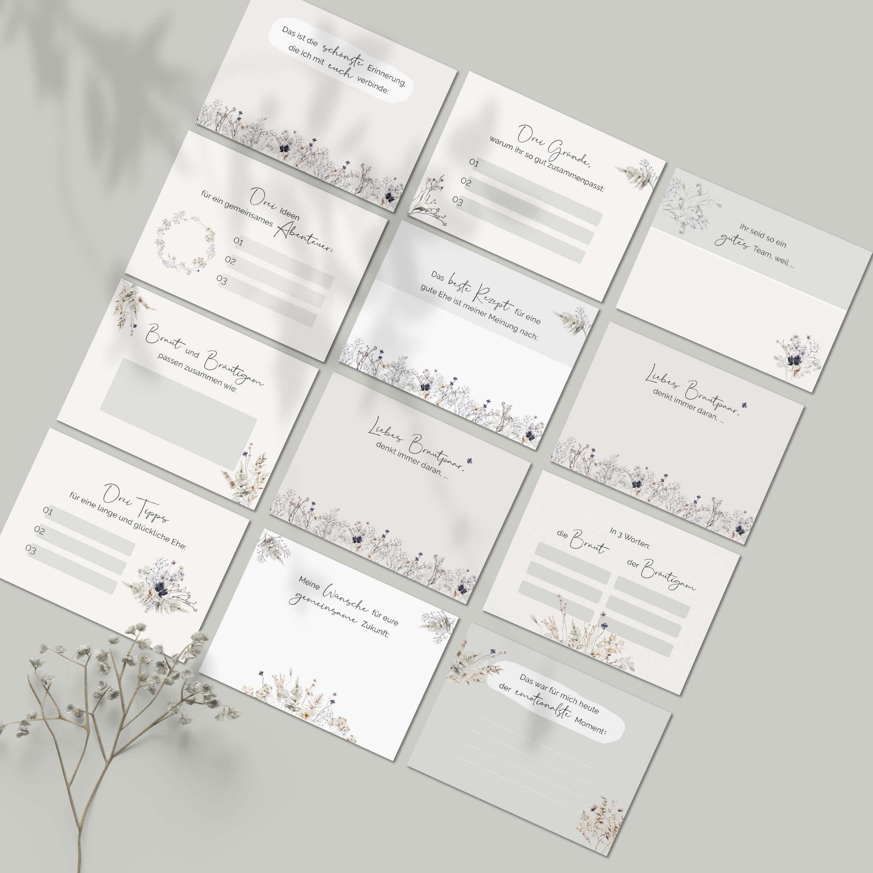 20 Gästebuch-Karten für die Hochzeit in DIN A7 | kreative Fragekarten | Boho Hochzeit Greenery
