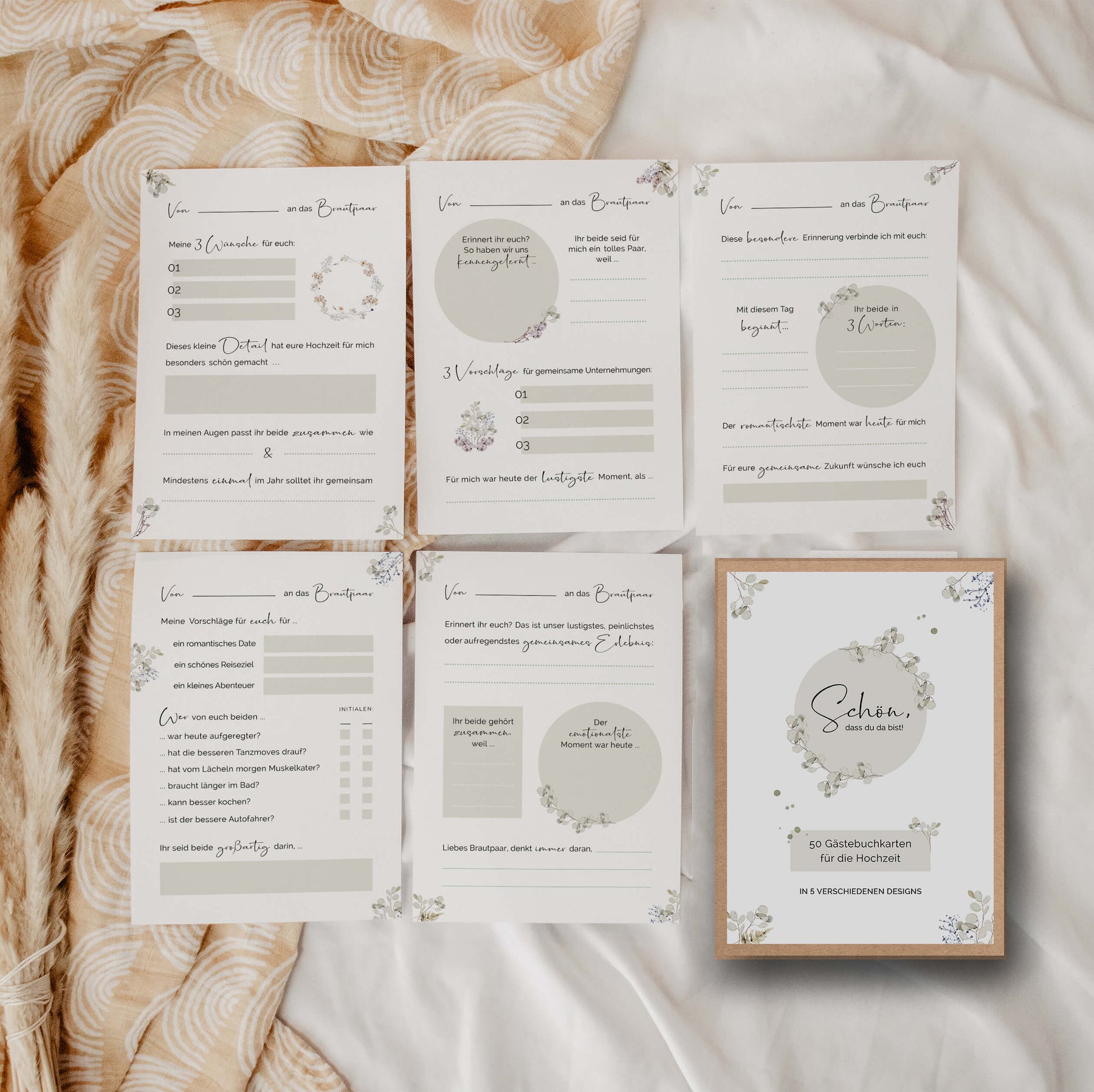 50 Gästebuch Karten für die Hochzeit mit Box | 5 verschiedene Designs | für alle Paare | Greenery & Eukalyptus Look