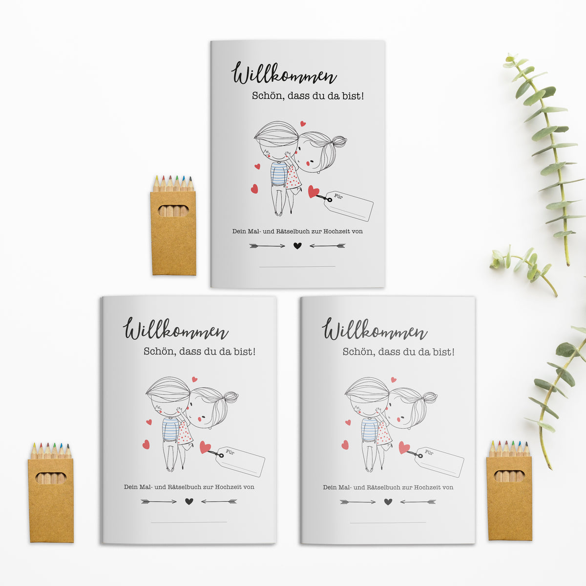 Mal- und Rätselheft zur Hochzeit für Kinder mit selbst personalisierbarem Cover | optional mit 6 Buntstiften | Gastgeschenk | Boho | DIN A5
