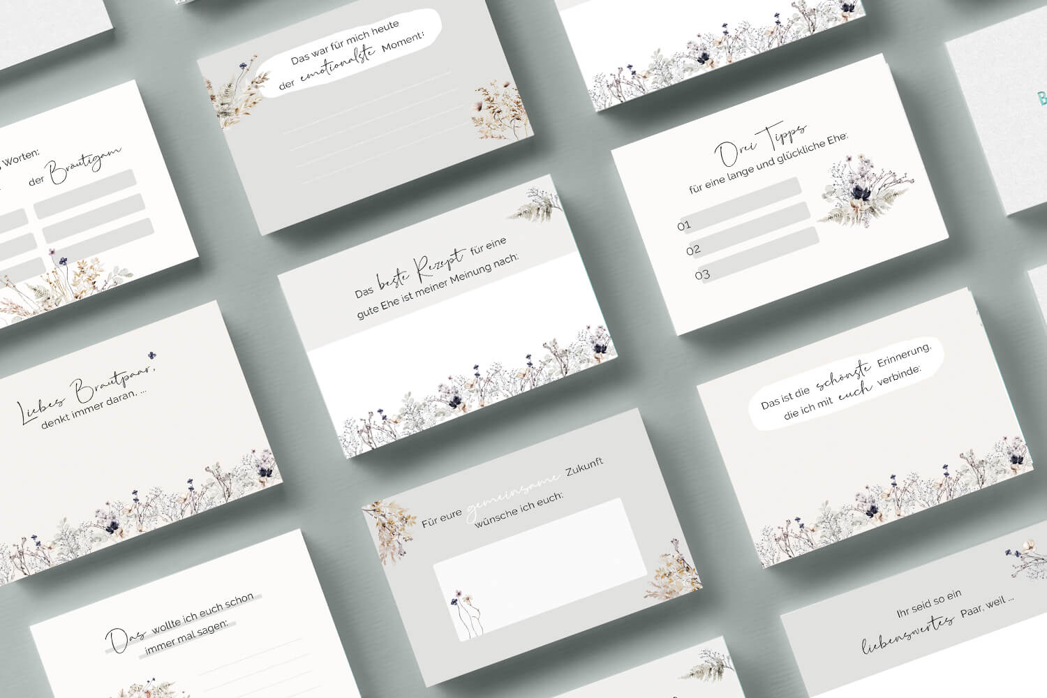 20 Gästebuch-Karten für die Hochzeit in DIN A7 | kreative Fragekarten | Boho Hochzeit Greenery