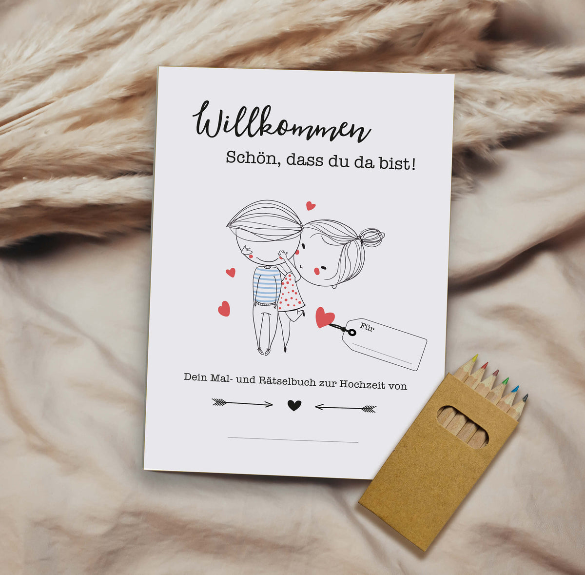 Mal- und Rätselheft zur Hochzeit für Kinder mit selbst personalisierbarem Cover | optional mit 6 Buntstiften | Gastgeschenk | Boho | DIN A5