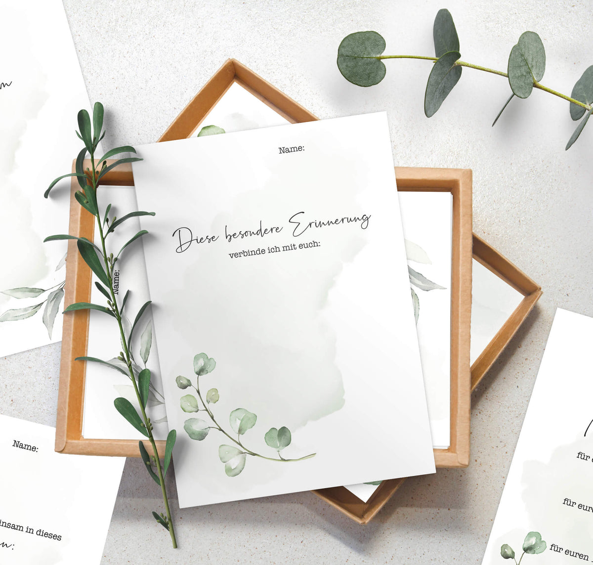 40 Gästebuch Karten für die Hochzeit mit Box | DIN A6 Postkartengröße | Greenery und Eukalyptus