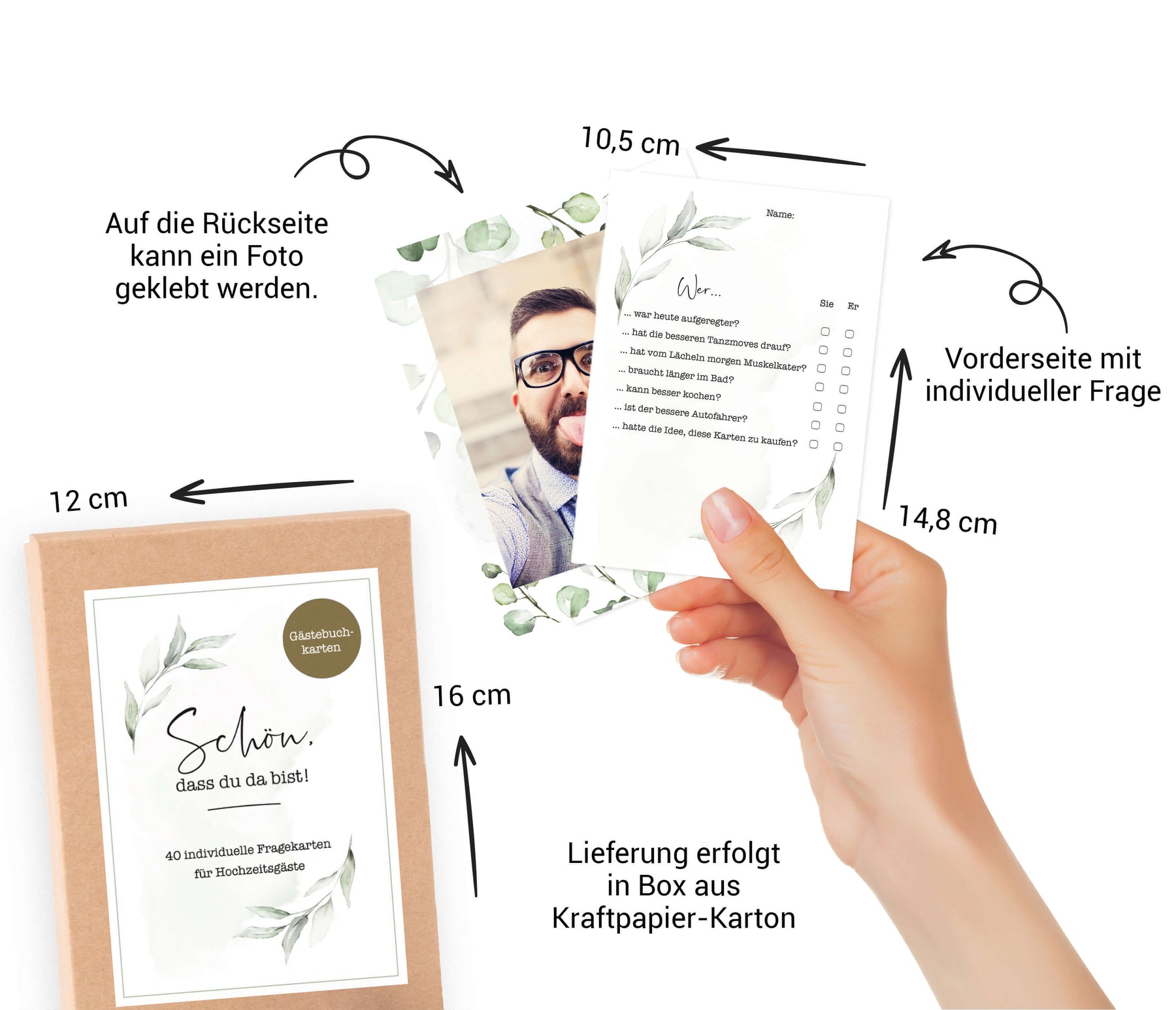 40 Gästebuch Karten für die Hochzeit mit Box | DIN A6 Postkartengröße | Greenery und Eukalyptus