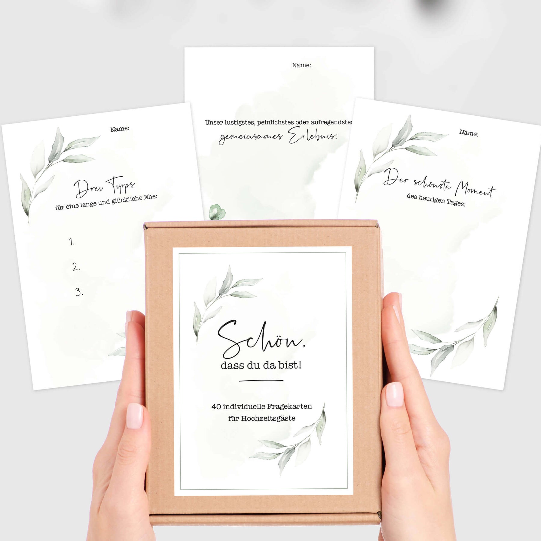40 Gästebuch Karten für die Hochzeit mit Box | DIN A6 Postkartengröße | Greenery und Eukalyptus