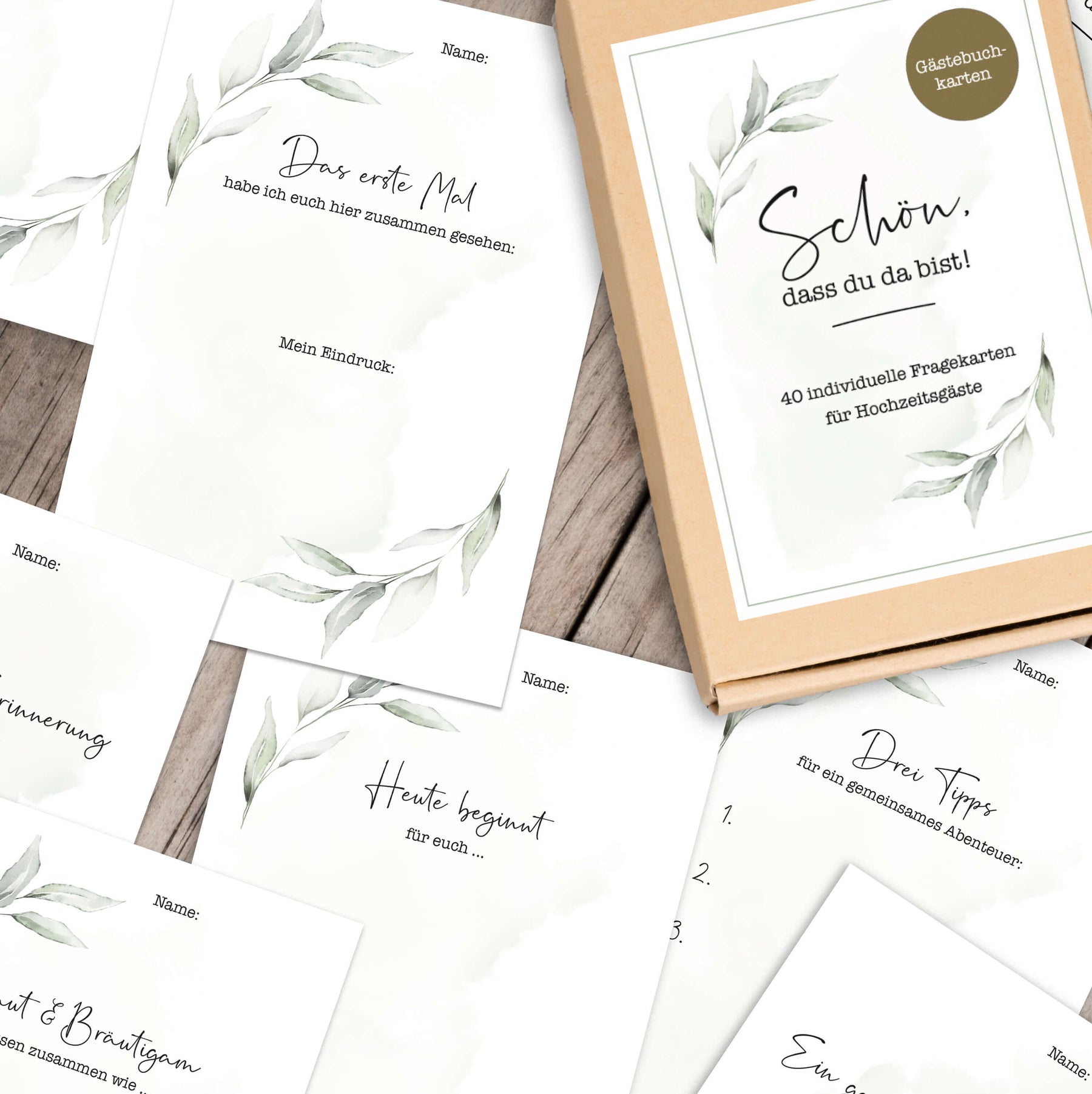 40 Gästebuch Karten für die Hochzeit mit Box | DIN A6 Postkartengröße | Greenery und Eukalyptus