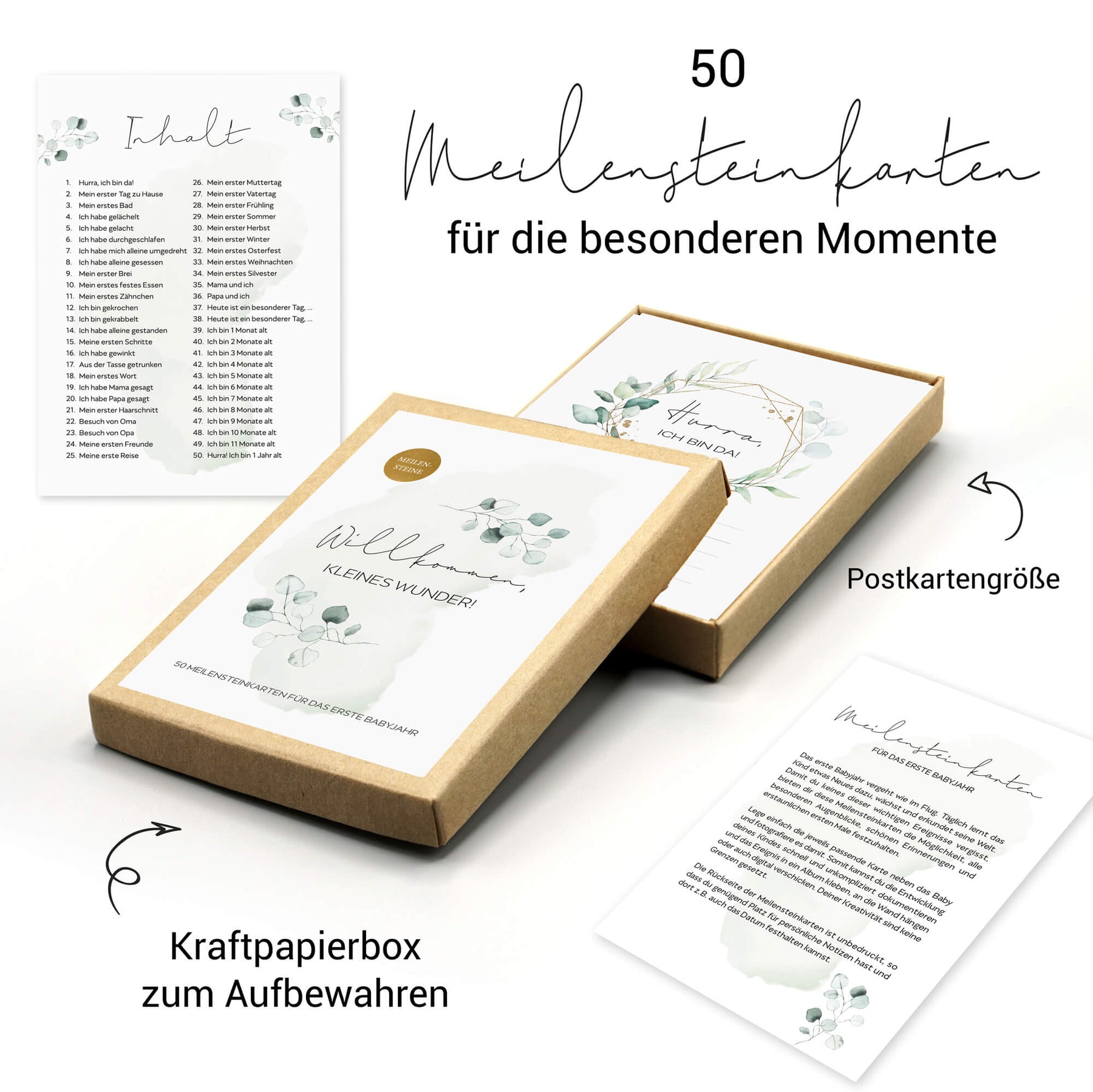 50 Meilensteinkarten Baby im Greenery-Stil