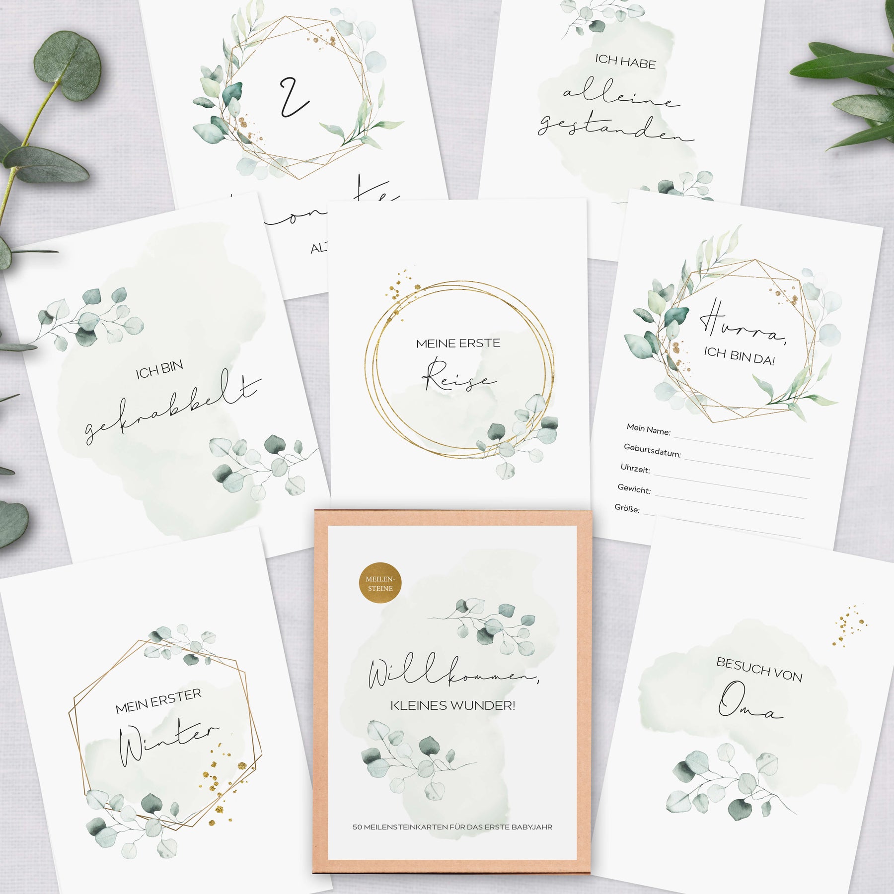 50 Meilensteinkarten Baby im Greenery-Stil