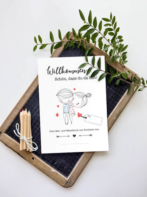 Mal- und Rätselheft zur Hochzeit für Kinder mit selbst personalisierbarem Cover | optional mit 6 Buntstiften | Gastgeschenk | Boho | DIN A5