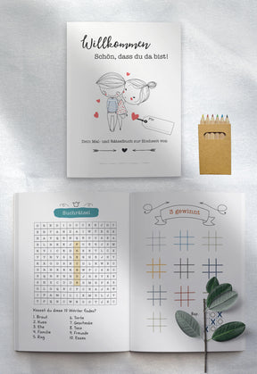 Mal- und Rätselheft zur Hochzeit für Kinder mit selbst personalisierbarem Cover | optional mit 6 Buntstiften | Gastgeschenk | Boho | DIN A5
