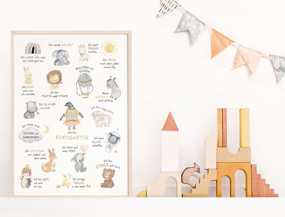 Lemina Affirmationsposter Kinderzimmer - DIN A4 3er Set Tierbilder Mit Positiven Botschaften